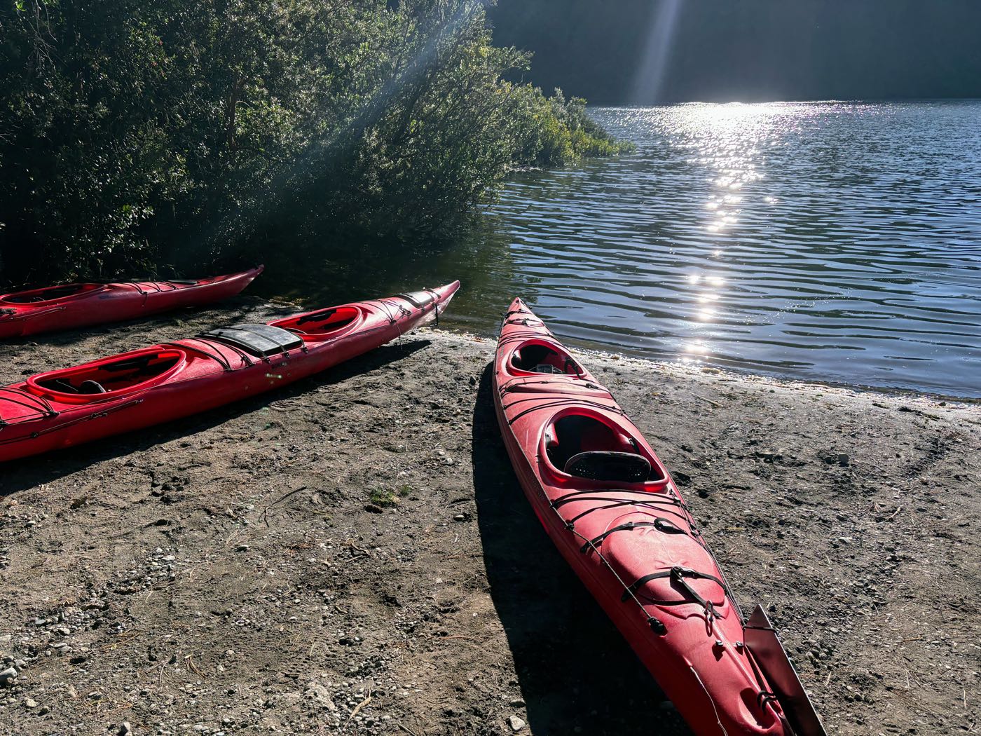 Red kayaks on a lakeshore beach with sun on the water
